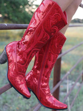 Sequin Pointed Toe Slanted Heel Western Mid Calf Boots